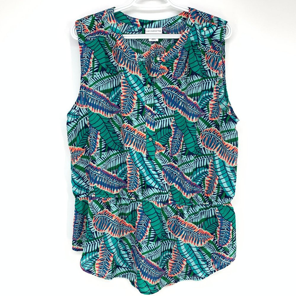 Liz Claiborne Teal Green Tropical Leaf Sleeveless Blouse